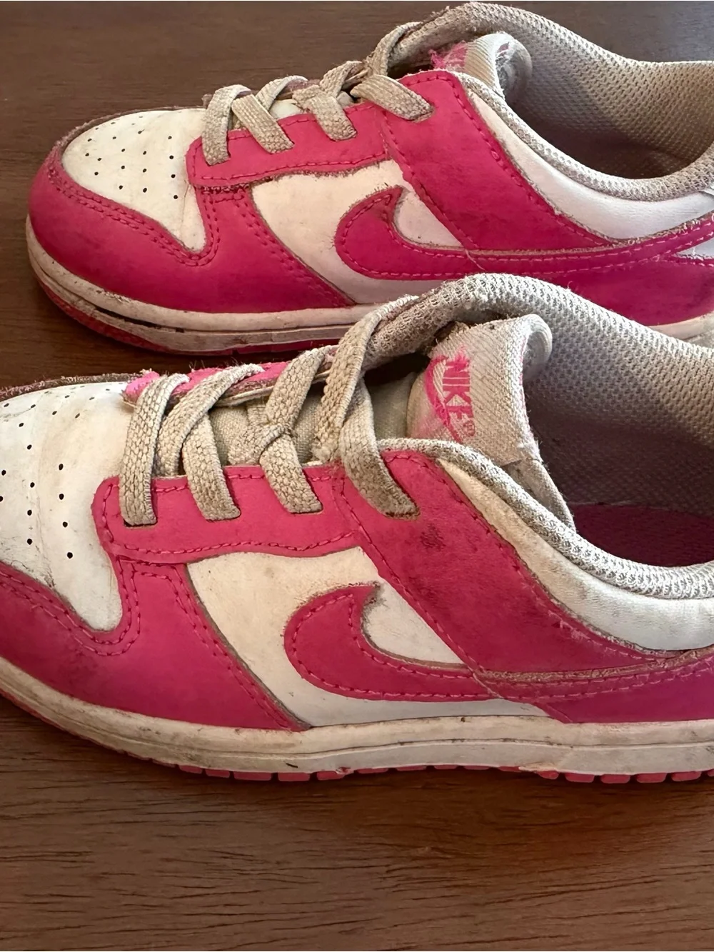 Nike Kids Pink and White Low-Top Dunks. Slip on. Size 10c